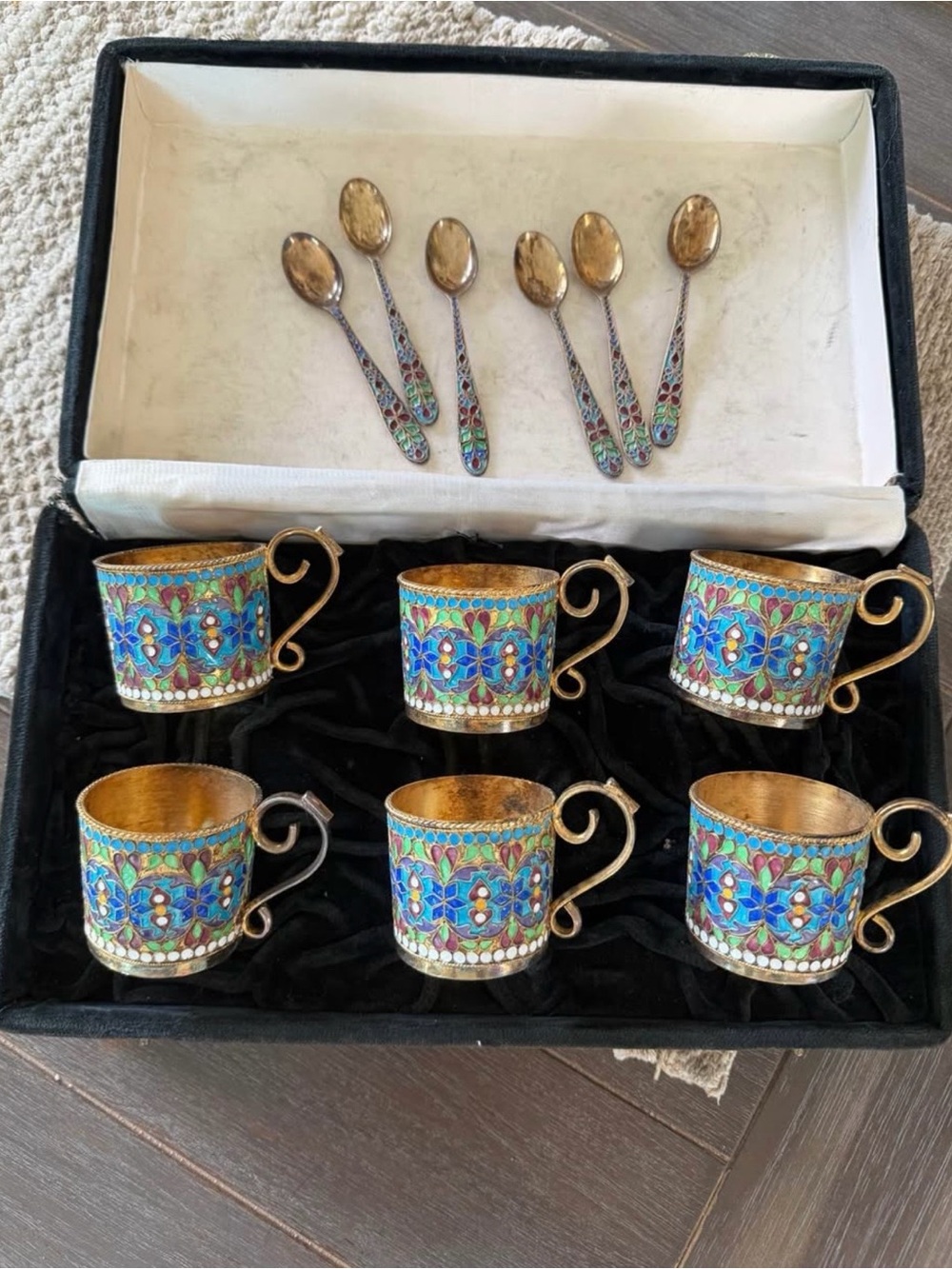 Russian tea cup holders & spoons silver (Partieh) vintage 6 cloisonné demitasse